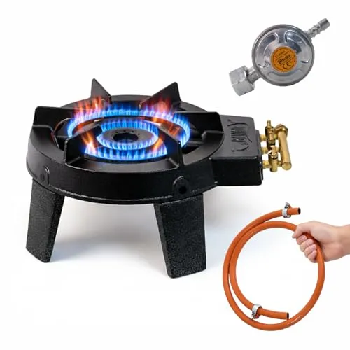 Neruma Gaskocher Wokbrenner – Robuster Gusseisen Campingkocher mit 3-Ring-Brenner