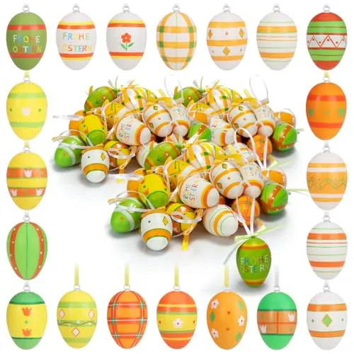 com-four® 72x handbemalte Ostereier zum Aufhängen 6 cm - Osterdeko mit Muster - Bunte Eier für Strauch oder Kranz - Deko-Ostereier aus Kunststoff - Hängedeko [Auswahl variiert] (Mix orange/grün - 02)