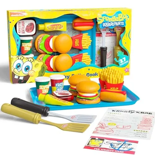 SpongeBob SquarePants Krabby Patty Spielzeug-Kombi-Mahlzeit-Spielset, Pretend Krusty Krab Burger und Pommes Frites Interaktives Kunststoff-Fast-Food-Set für Kinder Kleinkinder