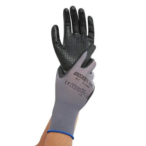 HYGOSTAR unisex Arbeitshandschuhe Ergo Flex Dotty grau Größe 9, 12 Paar - Arbeitshandschuhe für sicheren Halt und Schutz, Nitril-PU-Beschichtung, PSA Risikokategorie II, ideal für vielseitige Anwendungen in Handwerk und Industrie.