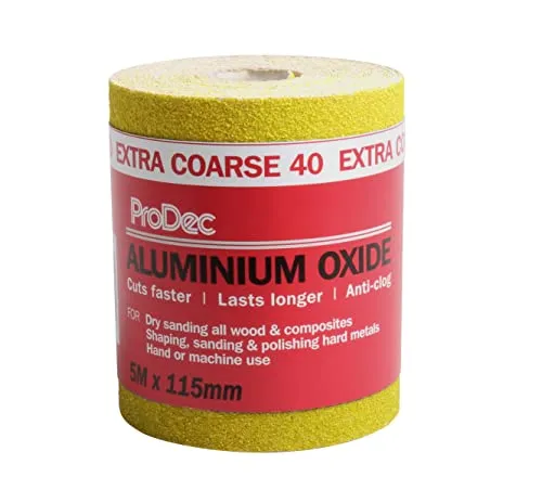 ProDec 5 m Rolle, extra grobes, gelbes Aluminiumoxid-Schleifpapier mit Körnung 40 zum Schleifen von Holz, Farbe, Putz, Spachtelmasse, Metall und mehr; Schleifpapier, kompatibel mit Maschinenschleifern
