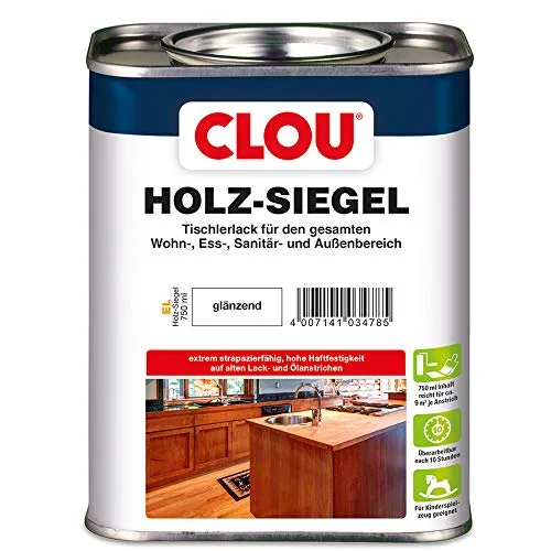 Clou Holz-Siegel EL Klarlack 750 ml - Glänzend für Innen und Außen - Hochwertiger Klarlack für Holz, schützt vor Feuchtigkeit und UV-Strahlen, ideal für Möbel und Holzoberflächen im Innen- und Außenbereich.
