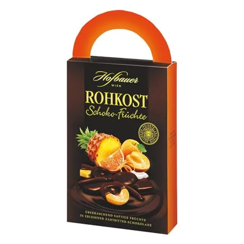 Hofbauer Wien Schokolierte Früchte 125g - Praline mit erlesenen Früchten in feinster Zartbitterschokolade - ein überraschend fruchtiger Genuss, perfekt zu Tee oder Kaffee.