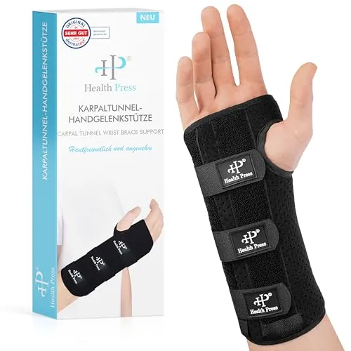 Health Press® Karpaltunnel Bandagen – Handgelenkstütze mit Metallschienen (S, Rechts) - Bandagen für Hände & Gelenke – Optimale Unterstützung und Stabilisierung des Handgelenks, ideal bei Karpaltunnelsyndrom und Verletzungen, dermatologisch getestet und medizinisch zertifiziert.
