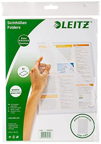 Leitz Premium Sichthüllen-Set, 5 Stück, A4 Format, Farblos mit glänzender Oberfläche, 0,15 mm PVC-Hartfolie, Dokumentenecht, 41006003