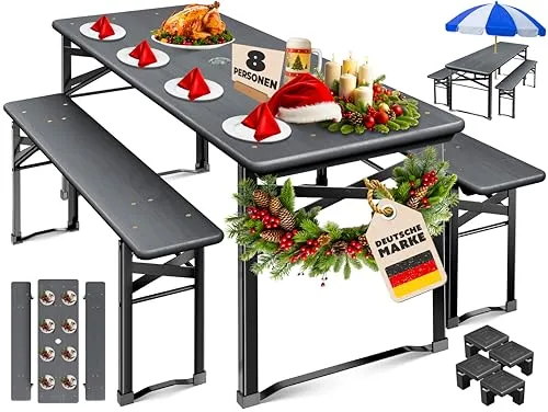 KESSER® Bierzeltgarnitur 3 teilig Gartenmöbel-Set | Klappbar 170 x 46 x 75cm | 2X Bierbänke 1x Biertisch | Festzeltgarnitur Biertisch Stehtisch Sitzgarnitur Holz 12x Bodenschoner & 6x Filz-Untersetzer