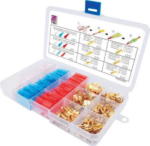 TRU COMPONENTS T1809C019 Flachstecker-Sortiment 320 Teile - Nicht isolierte Flachstecker in Rot, Blau und Transparent, ideal für vielseitige elektrische Anwendungen und einfache Installation.