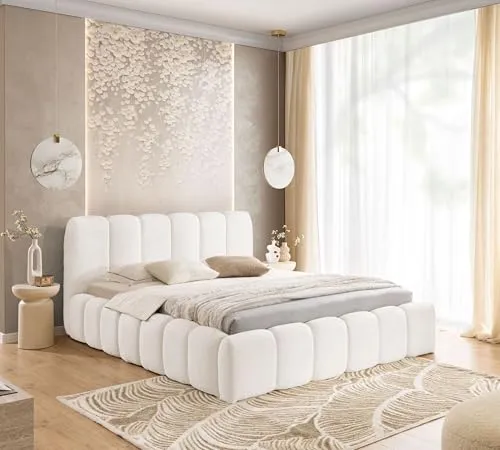 FURNISTAR Polsterbett MIA mit Bettkasten, Bett 120x200, Bubble Bett, Doppelbett mit Stauraum und Lattenrost, Boxspringbett-Optik, ohne Matratze, Schlafzimmer - Weiß