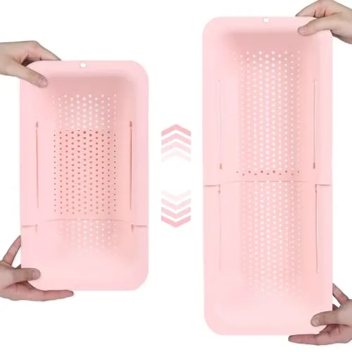 BLUE GINKGO Siebkorb über der Spüle – Gemüse und Obst waschen, gekochte Nudeln abtropfen lassen – ausziehbar – Küchenutensilien (20 B x 37~49 L x 7 H) cm – Pink