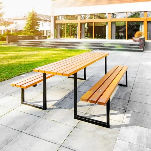 REKORD Massiver Picknicktisch Parktisch Atlas Sitzgruppe Holz Stahl 170x169x75cm Stabiler Gartentisch Bänke 6-8 Personen Wetterfest Robust für Park Terrasse Gastronomie Outdoor Tischset - Teak