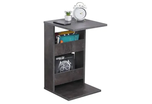 RICOO Beistelltisch Holz in Betonoptik - Beistelltisch für Wohnzimmer, ideal als Laptop-Tisch mit Stauraum für Zeitschriften und Zeitungen. Modernes Design in C-Form, perfekt für Couch und Sessel.