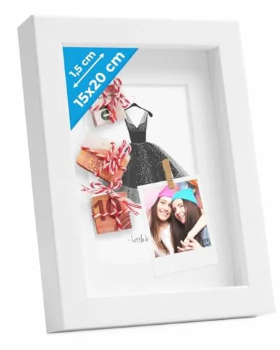 PHOTOLINI 3D Bilderrahmen zum Befüllen 15x20 Weiß, 1,5 cm tiefer Objektrahmen mit Glas, tiefer Bilderrahmen 15x20 Holz MDF mit Passepartout, Dicker 3D Rahmen befüllbar für Gegenstände Geschenk