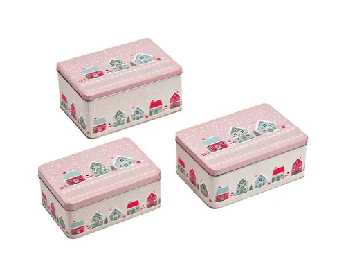 matches21 HOME & HOBBY Vorratsdose Große Metall Plätzchendosen Weihnachtsdorf 3er Set Rosa Bunt, Metall, (3-tlg), Eckige Weihnachten Blech Vorratsdosen als Keks-Dosen in 21, 19, 17 cm