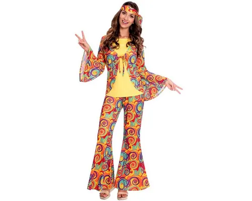 PKT) (9907004) Adult Ladies Hippy Woman Costume - Kostüm mit Oberteil, Hose und Stirnband, ideal für Kostümpartys und unvergessliche Auftritte