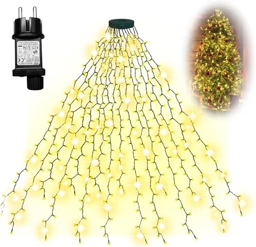 2m Christbaumbeleuchtung mit Ring und 8 Girlanden, 280 warmweiß LEDs, IP65 Wetterfest, 8 Modi & Memory Funktion, Überwurf Lichterkette Weihnachtsbaum, für 150cm, 180cm, 210cm, 240cm Tannenbaum