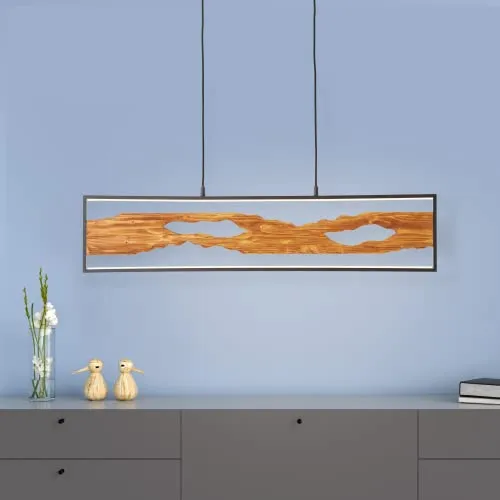 Lightbox LED Hängelampe - höhenverstellbare Pendelleuchte mit warmweißer Lichtfarbe - 150 cm x 8,5 cm - 20 W - 2300 Lumen - aus Aluminium/Metall/Holz aus Kiefern - in Schwarz/Braun