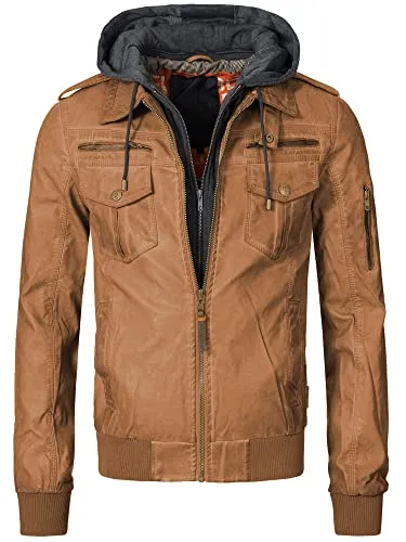 Indicode Herren Aaron Lederjacke mit abnehmbarer Kapuze | Kunstlederjacke Übergangsjacke Brown, L