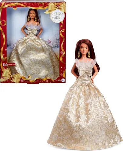 Barbie Signature Puppe, 2025 Holiday, dunkelhaarige Modepuppe mit Kleid in Silber und Gold, saisonale Sammlerpuppe in Einer Verpackung zum Ausstellen und mit Puppenständer, JBJ02