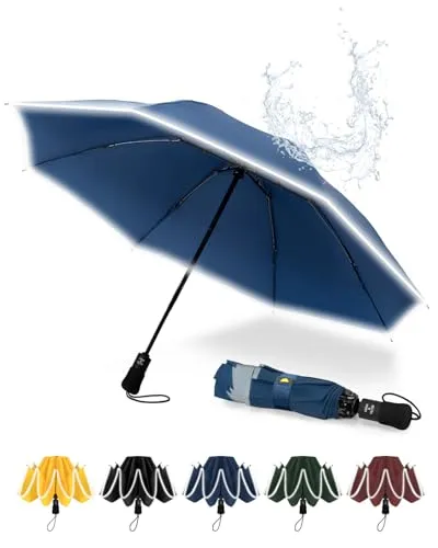Chakipee Regenschirm Groß Sturmfest Reflektierend für Herren und Damen – Taschenschirm Automatik Auf und Zu Reise Schirm Kompakter Tragbarer, Taschenschirme Schwarz 210T Beschichtung 115 cm Spannweite