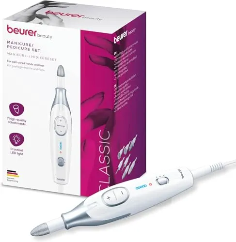 Beurer MP42UK Pediküre und Maniküre Set, Elektrische Nagelfeile mit 7 hochwertigen Aufsätzen, LED Präzisionslicht, Schnelle Rotation (2500-4600U/min), UK-Stecker und Aufbewahrungstasche