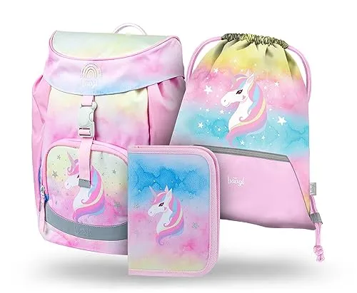 Baagl Schulranzen Mädchen für 1. Klasse, Airy Schultasche Set 3-Teilig, Grundschule Schulrucksack für Kinder, Ranzen für Schule, Tornister (Rainbow Unicorn)