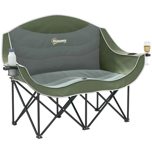 Outsunny Faltstuhl 2 Sitzer faltbar Campingstuhl mit Getränkehalter Tragetasche Outdoor Klappstuhl bis 250kg belastbar robust leicht gepolstert Angelstuhl Gartenstuhl für Garten Camping Strand