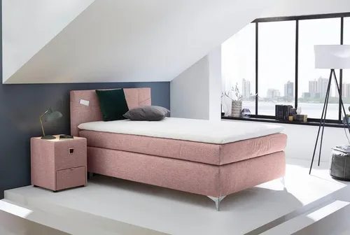 Boxspringbett 120x200 mit Wendematratze und Topper in Rosa - Modernes Boxspringbett für Einzelpersonen, ausgestattet mit Wendematratze H2/H3 und komfortablem Topper für optimalen Schlafkomfort.
