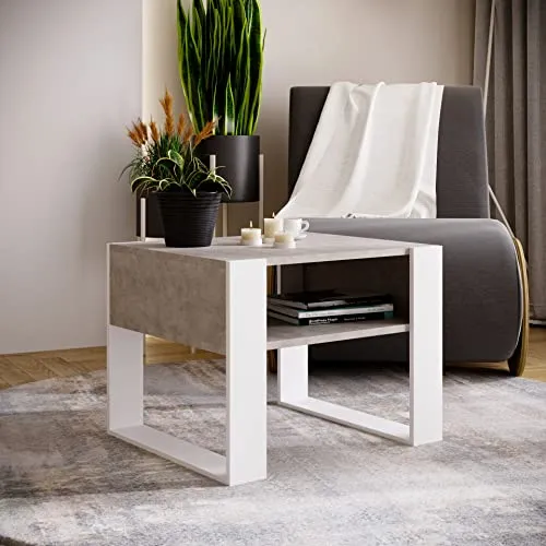 MRBLS_HOME MRBLS Couchtisch – modernes rustikales Design – Wohnzimmer-Tisch Beistelltisch Kaffeetisch Sofatisch Teetisch aus Holz (Beton - Weiß Matt) - 65 x 45 x 53,6cm (B/H/T)