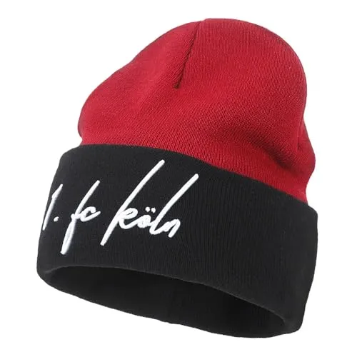 1. FC Köln Beanie - Strickmütze in FC-Rot - Hochwertige Strickmütze in kräftigem FC-Rot mit schwarzem Umschlagrand und stylischem Schriftzug. Ideal für kalte Tage und ein Must-Have für jeden Fan!