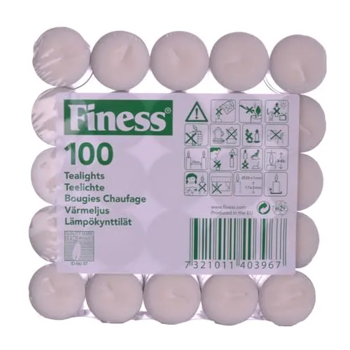 Finess Teelichter weiß, ca. 4 Std. Brenndauer, 39 mm rund, 100 Stück