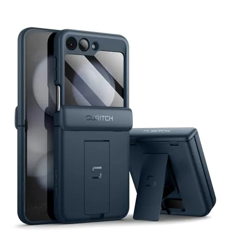 SURITCH für Samsung Galaxy Z Flip 5 Hülle, Z Flip 5 Handyhülle mit Scharnierschutz & Ständer & Displayschutzfolie Stoßfest TPU Schutzhülle für Samsung Z Flip 5 5G 2023-Blau