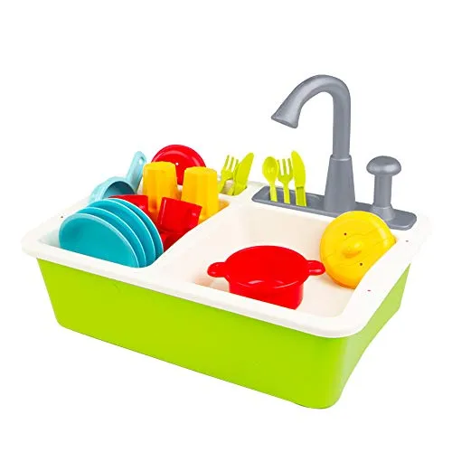 COLORBABY 49025 My Home Colors Spüle mit Zubehör, grün, M - Küchen-Spielzeugset mit 22 Teilen, inklusive automatischem Pumpmechanismus für Wasserfluss. Fördert Fantasie und soziale Fähigkeiten, ideal für Kinder ab 3 Jahren.