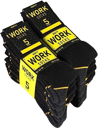 Brubaker 10 Paar Herren Arbeitssocken - Work Socken für optimalen Halt auf der Arbeit - Robuste Funktionssocken aus Baumwolle - Verstärkter Fersen und Zehenbereich - Schwarz Gelb - Größe 47-50