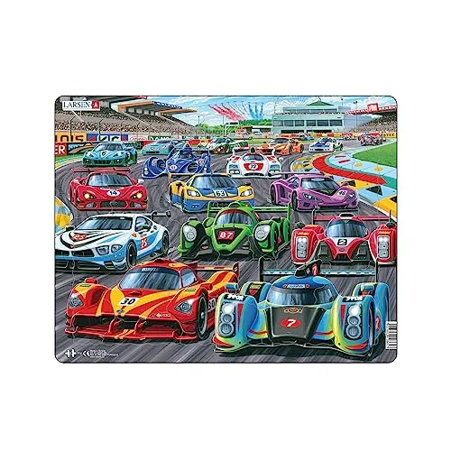 Larsen Puzzles PG1, Kinder Rahmenpuzzle Racing Cars auf der Strecke, 38 Teile, ab 3 Jahre, Lernspielzeug, Konzentration, Spielspaß