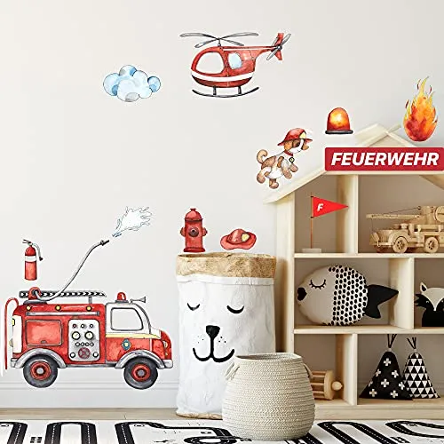 WANDKIND Feuerwehr Wandtattoo Set V246 | Handgezeichnete Deko für Kinderzimmer - Wandsticker für Baby- & Kleinkinderzimmer, handgezeichnete Qualität, selbstklebend und geruchsneutral – ideal für kreative Raumgestaltungen.