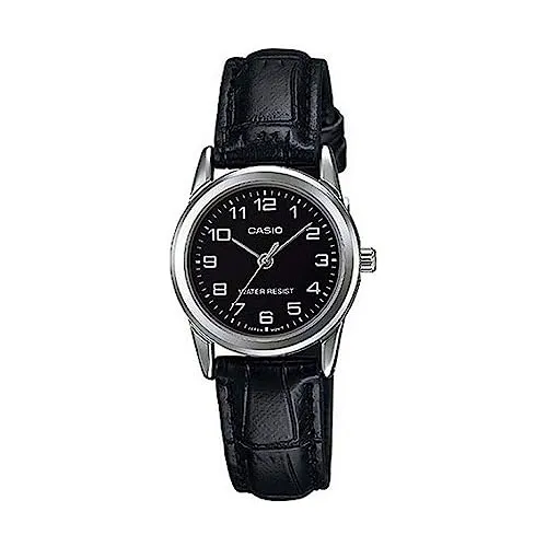 Casio Collection LTP-V001L-1BUDF Damenuhr - Elegante Armbanduhr für Frauen - Elegante Damen-Armbanduhr mit Edelstahlgehäuse und schwarzem Lederarmband. Wasserdicht bis 3 ATM und mit Datumsanzeige – ideal für jeden Anlass.