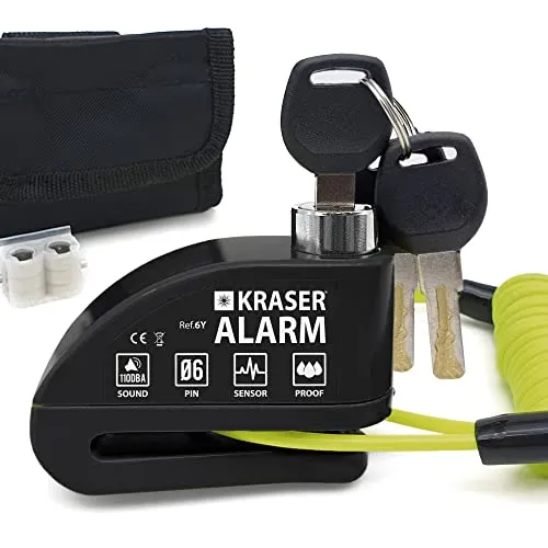 KRASER 6Y Bremsscheibenschloss mit Alarm 110 dB, Verstärkt, 3 Schlüssel (2 Ersatz) Hochsicherheits Motorradschloss, Wasserdicht,1.5m Rückrufkabel, Tasche, Universal Motorrad Schloss, Fahrradschloss