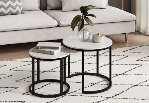 Couchtisch 2er Set rund aus Holz - Beistelltische fürs Wohnzimmer, modernes 2-in-1 Set mit platzsparender Verschachtelung und robustem Metallgestell für stilvolle Raumgestaltung.