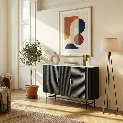 [en.casa] Sideboard Olvehok Kommode 110 x 40 x 77 cm – Eleganter Wohnzimmerschrank mit 3 Türen und 4 Fächern