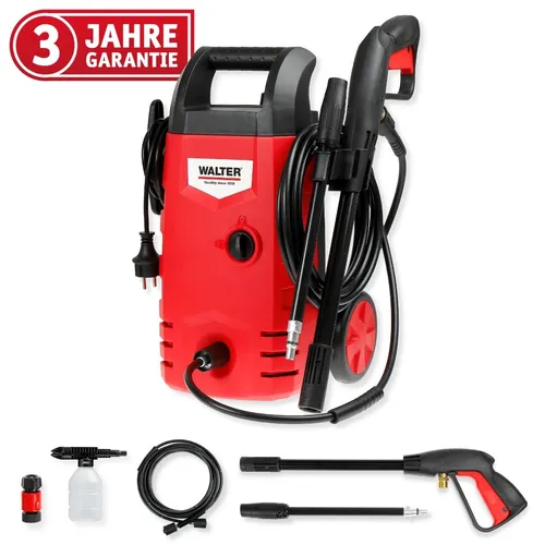 WALTER Hochdruckreiniger 230 V 1400 W - Hochdruckreiniger mit 5m Hochdruckschlauch und Bajonett-Schnellverschluss, ideal für vielseitige Reinigungsaufgaben von Fahrzeugen bis Terrassen. Kompakt und sofort einsatzbereit!