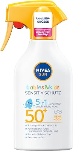 NIVEA SUN Babies & Kids Sensitiv Schutz Sonnenspray LSF 50+, extra wasserfeste Sonnencreme im Trigger-Spray-Format, parfümfreier Sonnenschutz für Kinderhaut (270 ml)