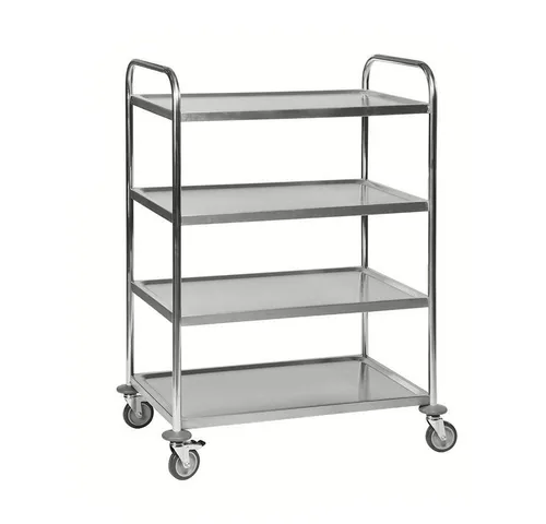 OSWALD Edelstahl-Servierwagen mit 4 Böden - Korrosionsbeständiger Transportwagen aus Edelstahl, leicht hygienisch zu reinigen, ideal für Gastronomie und Haushalte, mit einer Tragfähigkeit von 100 kg und 4 Lenkrollen für einfache Mobilität.