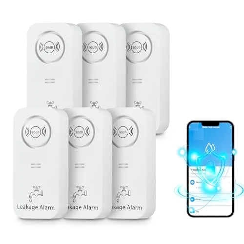 Wassermelder WLAN (2,4 G WiFi), 90 dB WiFi Wassermelder Wasseralarm und App Alarm, Wassersensor Alarm für Rohre, Schlafzimmer, Küche, Badezimmer, Keller (6er-Pack)