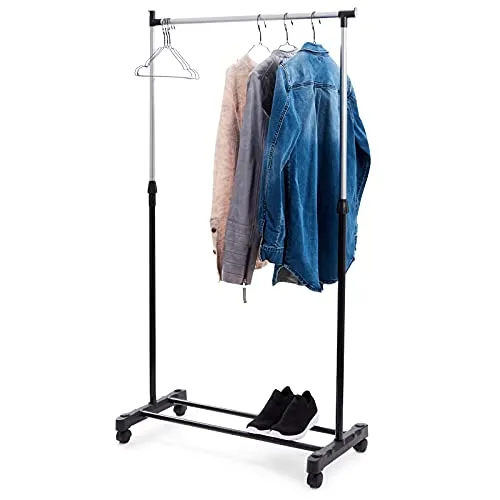 HAC24 Teleskop Kleiderständer auf Rollen Garderobenstange Höhenverstellbar Rollgarderobe Mobiler Garderobenständer mit Kleiderstange & Schuhablage