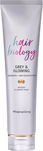 Pflegende Silberschimmer-Spülung 160ml - Hair Biology - Haarspülungen für graues und blondiertes Haar, neutralisiert Gelbtöne und verleiht Glanz, angereichert mit Jojobaöl und Antioxidantien für geschmeidiges Haar.