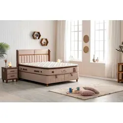 Pointhome Bambi Boxspringbett Set 140x200 H3, Biosalt, Schlafzimmerbett, 1 x Matratze mit Topper, 2 x Bettkasten, 1 x Bettkopfteil - Beige