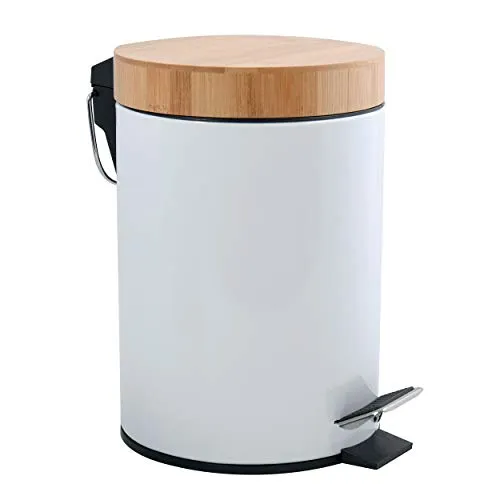 MSV Poubelle Aza 3l - Eleganter Abfalleimer mit Bamboo Deckel - Reinigen: Stilvoller 3l Abfalleimer in Weiß mit umweltfreundlichem Bamboo Deckel, ideal für Küche oder Bad.
