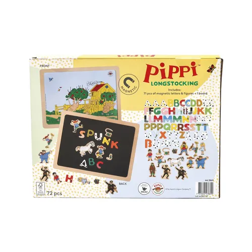Pippi Langstrumpf Lernspielzeug Magnettafel (70-St) - Doppelseitige Magnettafel für kreatives Lernen! Kinder können auf der einen Seite Buchstaben bilden und auf der anderen Seite mit Pippis Freunden spielen. Spielerisch das Alphabet entdecken und viel Spaß haben!