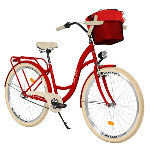 MILORD Damenfahrrad Citybike Komfort 3-Gang mit Korb – Vintage Stil, 26 Zoll (Rot) - Robustes Citybike mit Stahlrahmen, ideal für Pendler und Stadtfahrten. 90% vormontiert für schnellen Fahrspaß. Inkl. Kettenschutz, Schutzbleche und Korb für zusätzlichen Komfort.