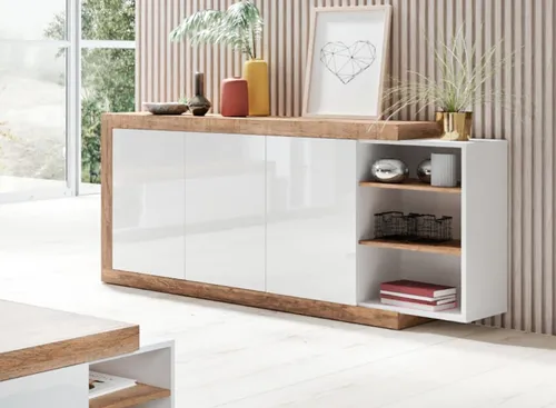 Sideboard Kommode Anrichte 180cm Weiß Hochglanz Samdal Eiche Grifflos - Elegantes Sideboard mit griffloser Optik und modernem Design. Ideal für Wohnzimmer oder Arbeitszimmer, bietet ausreichend Stauraum und passt sich harmonisch in jede Einrichtung ein.